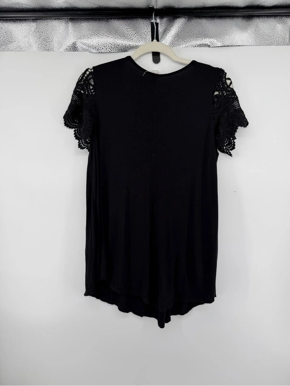 Whimsigoth Coqette Cottagecore Boho Witchy‎ Black Crochet Lace-Sleeve Top SzM
